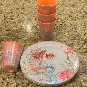 Mermaid Composite Plates & Cups Party Set - Coral Blue Green. Beautiful Set of 4